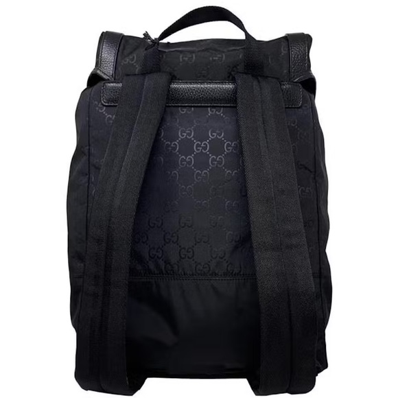 Gucci Authentic Blk GG Monogram Nylon Drawstring Backpack Leather Trim 510336 - Picture 2 of 16